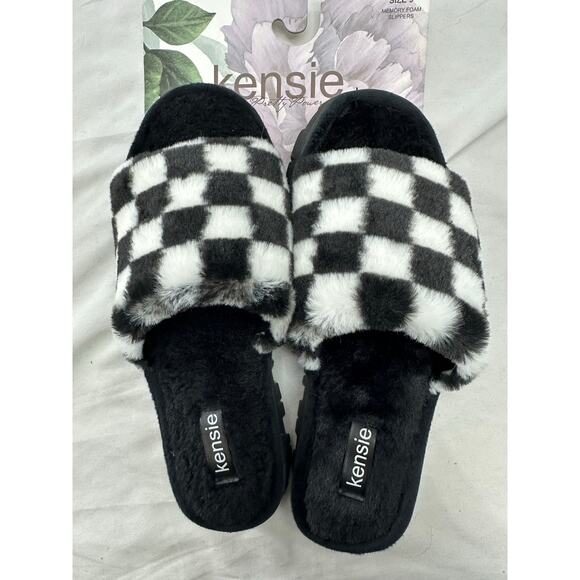 Kensie Black/white Check Slippers Slides 9 NEW - Picture 5 of 5